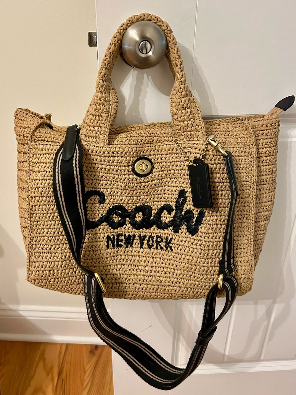Coach Tan Woven Straw Tote with Brown Leather Patch - Picture 10 of 10